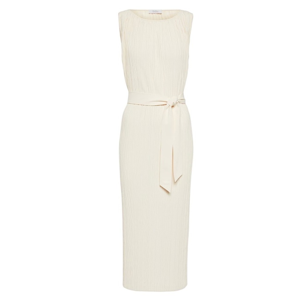 Max Mara Leisure Vadius Cream‎ Pleated Plisse Sleeveless Belted Midi Dress XL